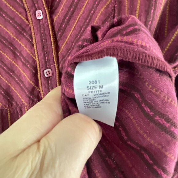 Woolrich Womens Petite Sz M Striped Button-Up Shirt Cotton Long Sleeve Burgundy - Picture 3 of 7